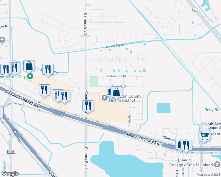 map of restaurants, bars, coffee shops, grocery stores, and more near 9422 Amberjack Drive in Texas City
