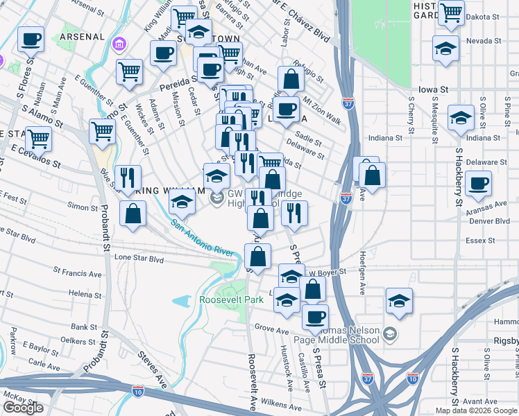 map of restaurants, bars, coffee shops, grocery stores, and more near 119 Biering Street in San Antonio