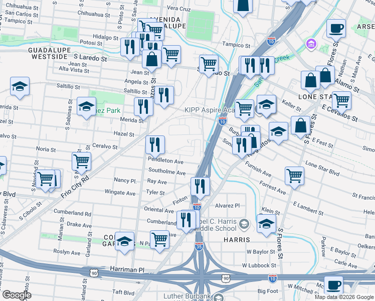 map of restaurants, bars, coffee shops, grocery stores, and more near 1901 South San Marcos in San Antonio
