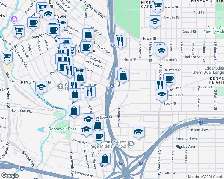 map of restaurants, bars, coffee shops, grocery stores, and more near Carolina Street in San Antonio