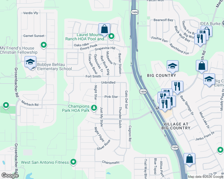 map of restaurants, bars, coffee shops, grocery stores, and more near 2511 Skybound in San Antonio