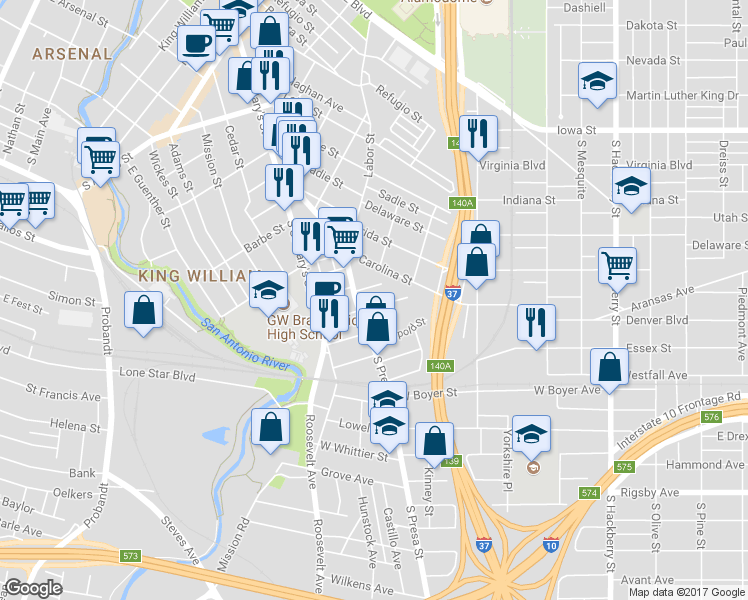 map of restaurants, bars, coffee shops, grocery stores, and more near 110 Kearney Street in San Antonio