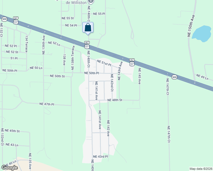 map of restaurants, bars, coffee shops, grocery stores, and more near 14190 Northeast 49th Lane in Williston