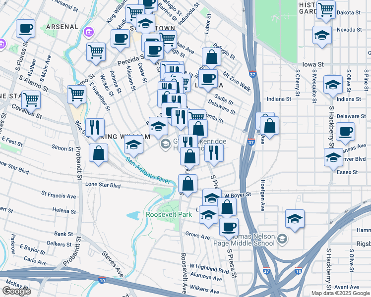 map of restaurants, bars, coffee shops, grocery stores, and more near 119 Biering Street in San Antonio