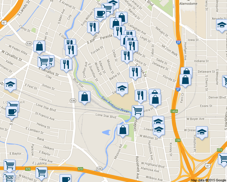 map of restaurants, bars, coffee shops, grocery stores, and more near 519 Wickes Street in San Antonio