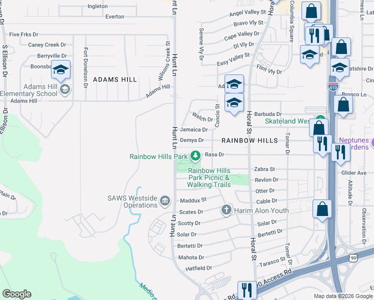 map of restaurants, bars, coffee shops, grocery stores, and more near 546 Demya Drive in San Antonio