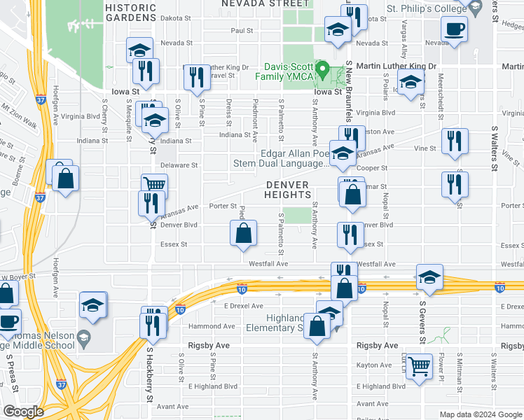 map of restaurants, bars, coffee shops, grocery stores, and more near 230 Porter Street in San Antonio