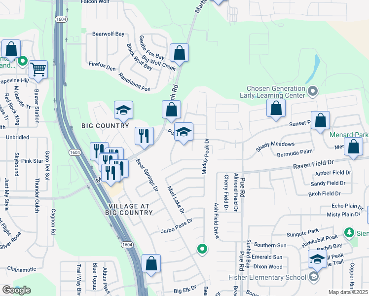 map of restaurants, bars, coffee shops, grocery stores, and more near 2250 Pue Road in San Antonio