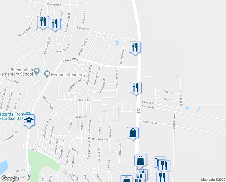 map of restaurants, bars, coffee shops, grocery stores, and more near 102 King Henrys Place in Del Rio