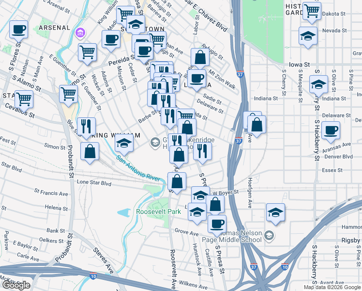map of restaurants, bars, coffee shops, grocery stores, and more near 119 Biering Street in San Antonio