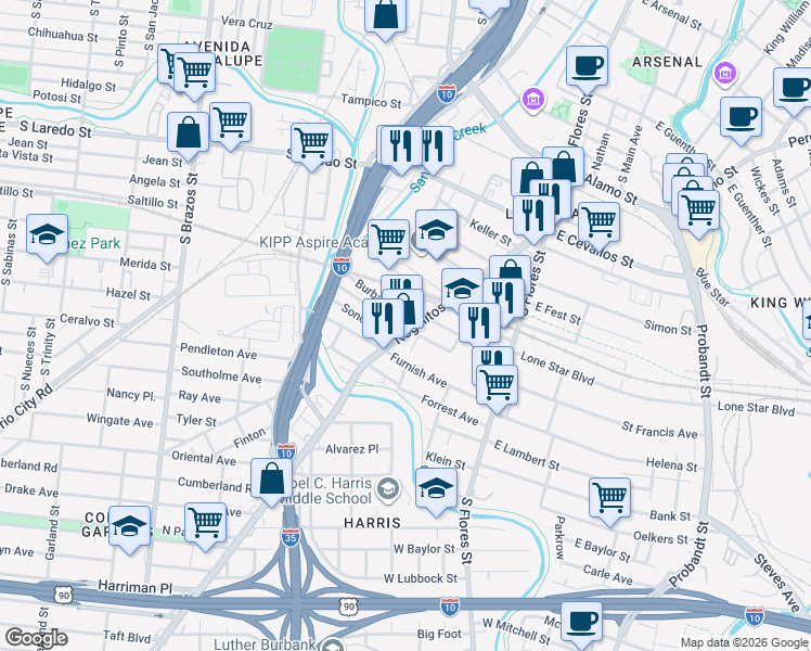 map of restaurants, bars, coffee shops, grocery stores, and more near 105 Burbank in San Antonio