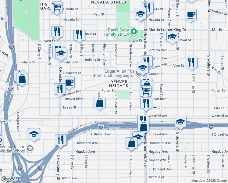 map of restaurants, bars, coffee shops, grocery stores, and more near 249 Porter Street in San Antonio