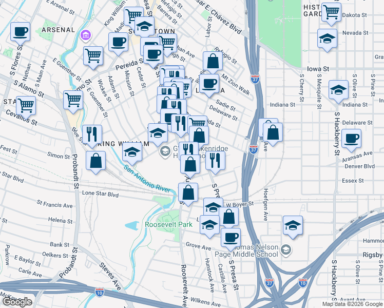 map of restaurants, bars, coffee shops, grocery stores, and more near 119 Biering Street in San Antonio