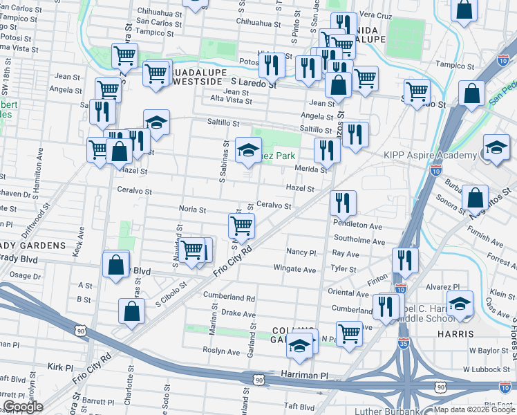 map of restaurants, bars, coffee shops, grocery stores, and more near 102 Ceralvo Street in San Antonio