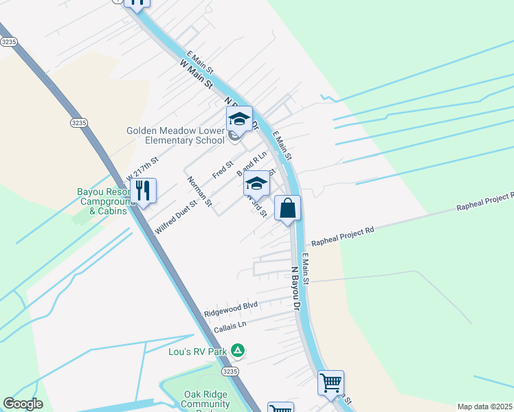 map of restaurants, bars, coffee shops, grocery stores, and more near 124 North 3rd Street in Golden Meadow