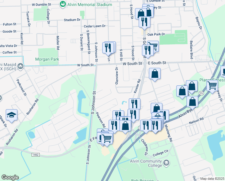 map of restaurants, bars, coffee shops, grocery stores, and more near 675 Fallow Lane in Alvin