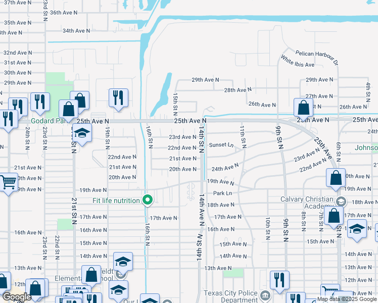 map of restaurants, bars, coffee shops, grocery stores, and more near 1419 22nd Avenue North in Texas City