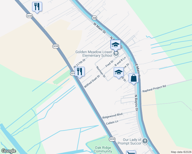 map of restaurants, bars, coffee shops, grocery stores, and more near 198 Russell Drive in Golden Meadow