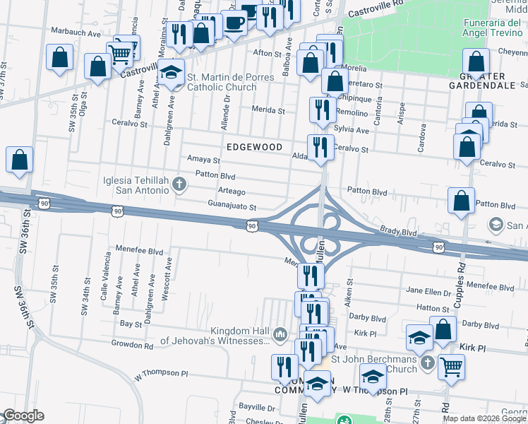 map of restaurants, bars, coffee shops, grocery stores, and more near 224 Guanajuato Street in San Antonio