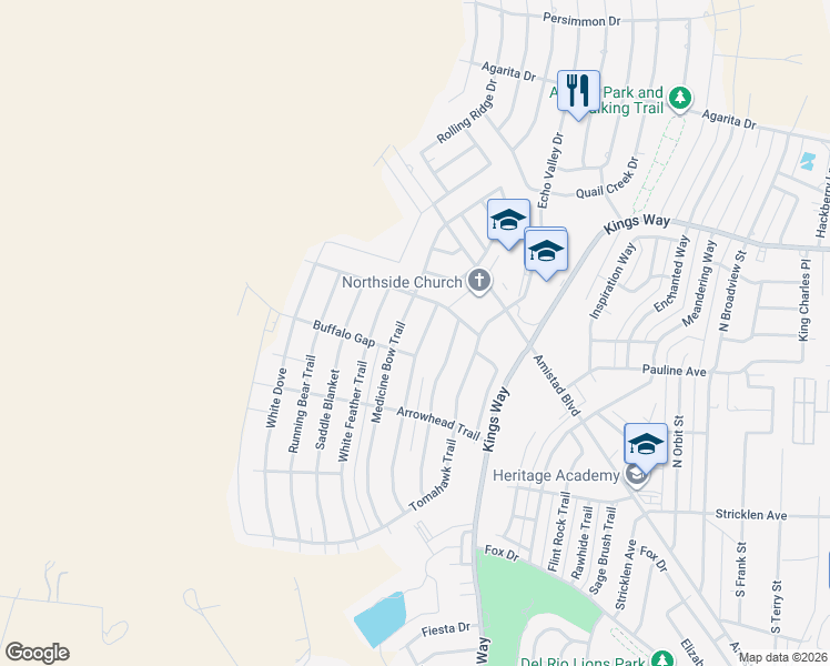 map of restaurants, bars, coffee shops, grocery stores, and more near 109 Warbonnet Trail in Del Rio