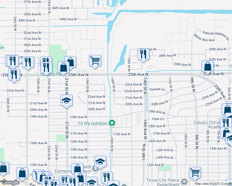 map of restaurants, bars, coffee shops, grocery stores, and more near 1525 22nd Avenue North in Texas City