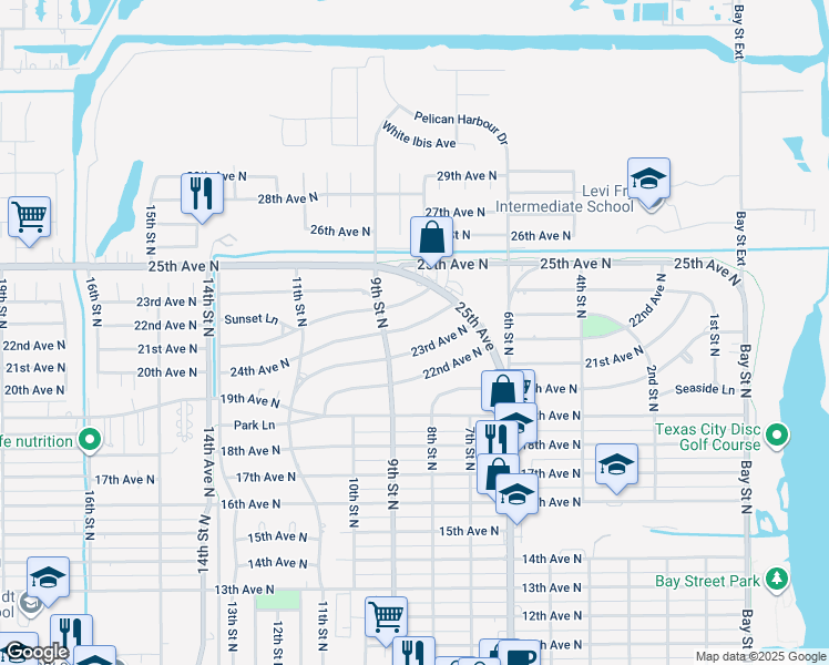 map of restaurants, bars, coffee shops, grocery stores, and more near 803 24th Avenue North in Texas City