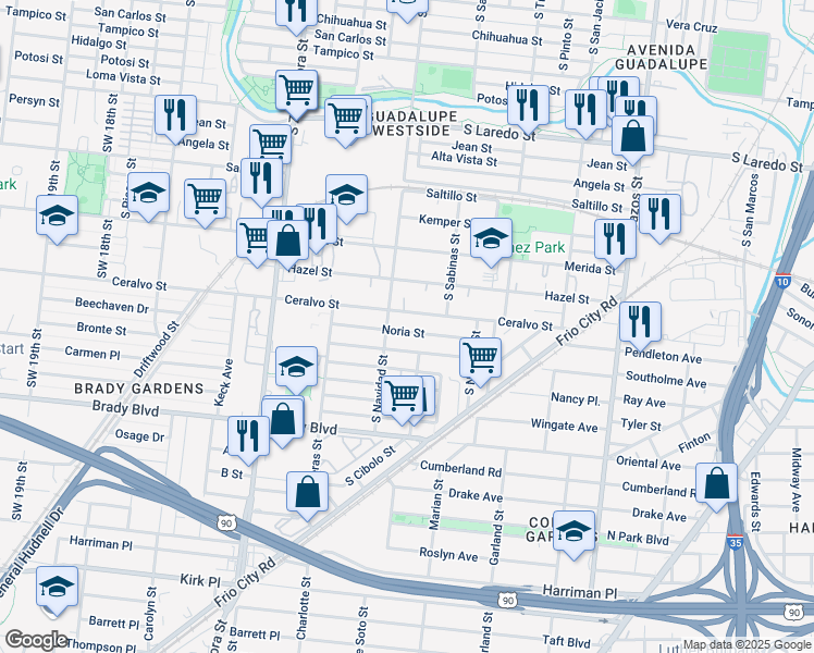 map of restaurants, bars, coffee shops, grocery stores, and more near 231 Noria Street in San Antonio
