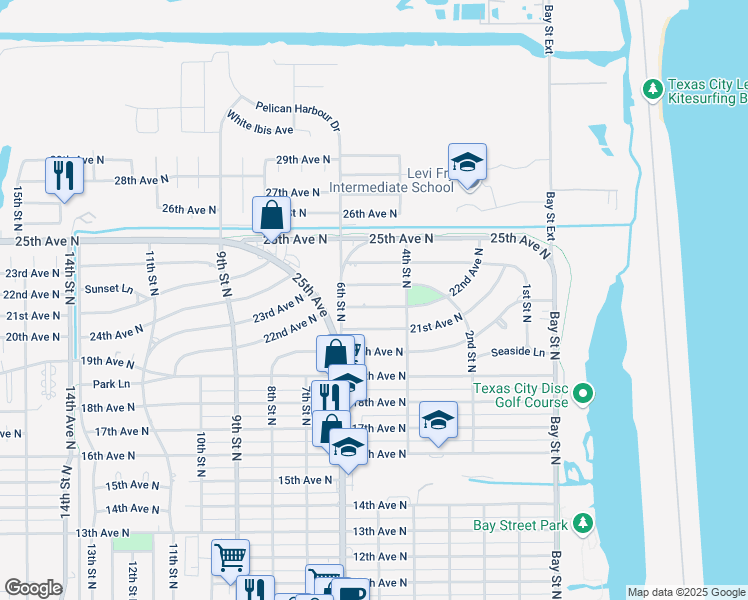 map of restaurants, bars, coffee shops, grocery stores, and more near 522 22nd Avenue North in Texas City