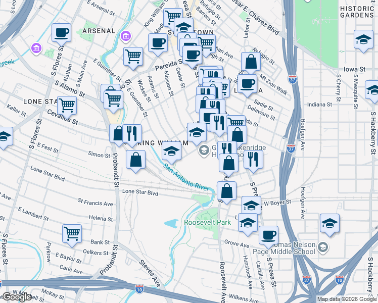 map of restaurants, bars, coffee shops, grocery stores, and more near 311 Eagleland Drive in San Antonio