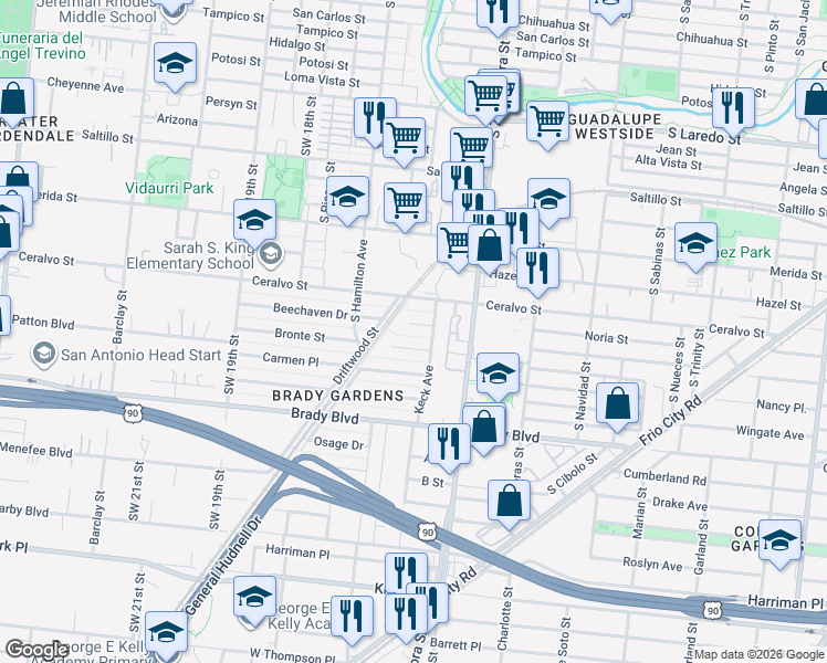 map of restaurants, bars, coffee shops, grocery stores, and more near 1802 Beechaven Drive in San Antonio