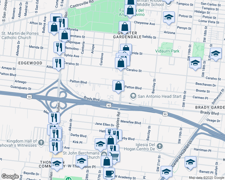map of restaurants, bars, coffee shops, grocery stores, and more near 542 Patton Boulevard in San Antonio