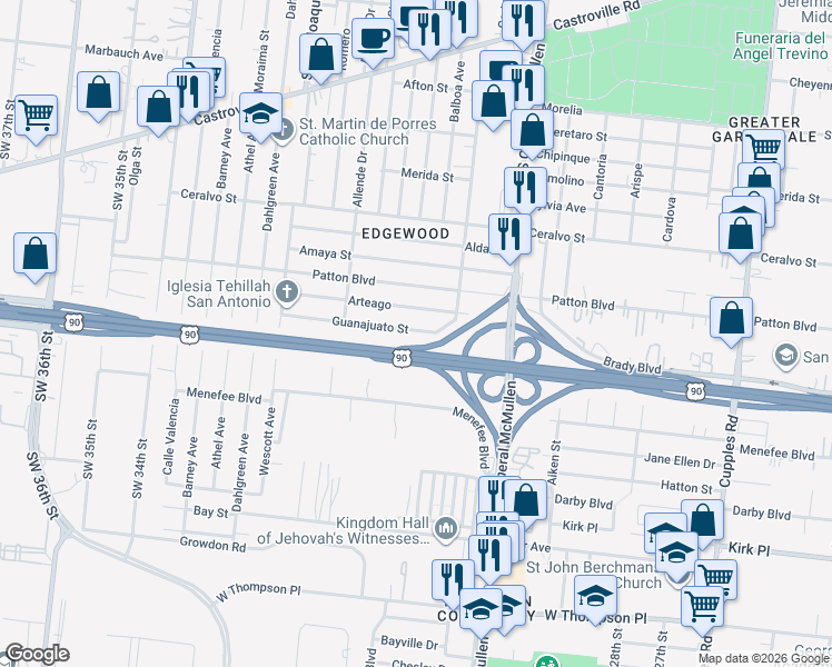 map of restaurants, bars, coffee shops, grocery stores, and more near 224 Guanajuato Street in San Antonio