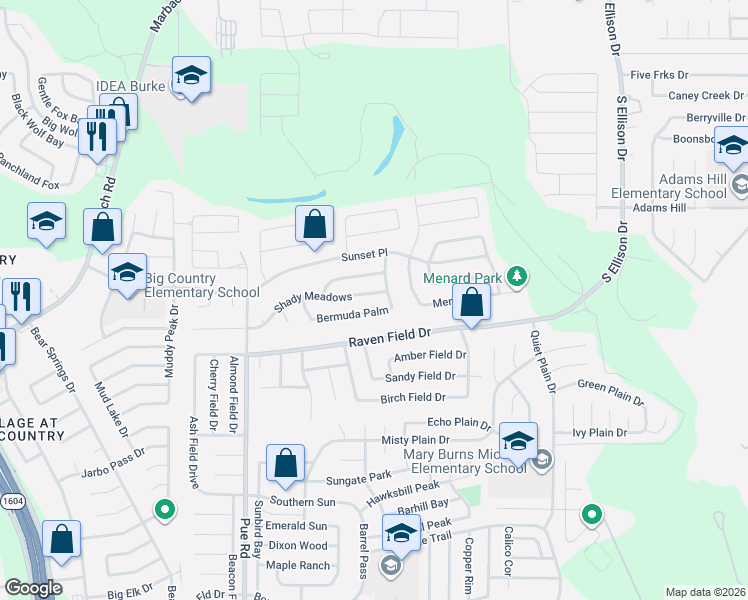 map of restaurants, bars, coffee shops, grocery stores, and more near 9906 Shady Meadows in San Antonio