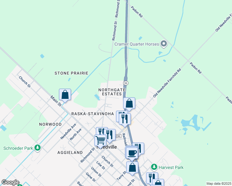 map of restaurants, bars, coffee shops, grocery stores, and more near 8722 Garrett Street in Needville