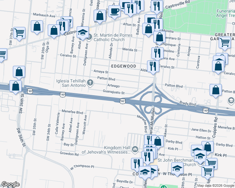 map of restaurants, bars, coffee shops, grocery stores, and more near 310 Guanajuato Street in San Antonio