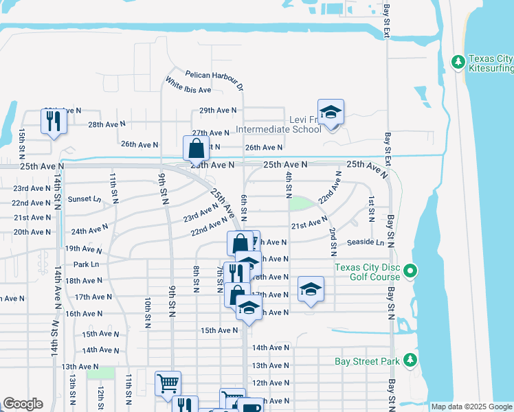 map of restaurants, bars, coffee shops, grocery stores, and more near 522 22nd Avenue North in Texas City