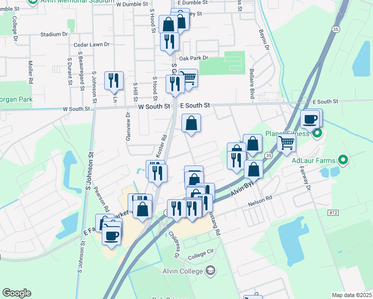map of restaurants, bars, coffee shops, grocery stores, and more near 125 Cedar Lane in Alvin