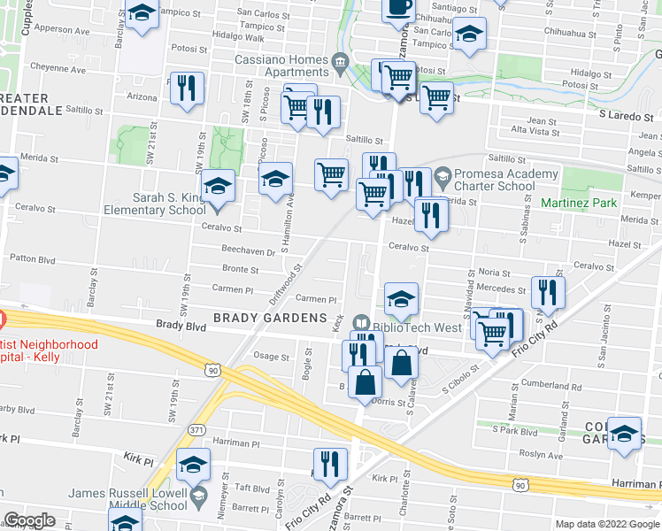 map of restaurants, bars, coffee shops, grocery stores, and more near 1802 Beechaven Drive in San Antonio