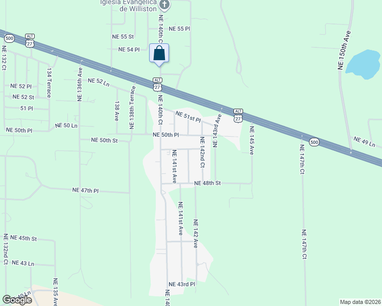map of restaurants, bars, coffee shops, grocery stores, and more near 14190 Northeast 49th Lane in Williston
