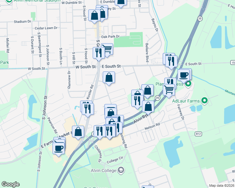 map of restaurants, bars, coffee shops, grocery stores, and more near 2101 Mustang Road in Alvin