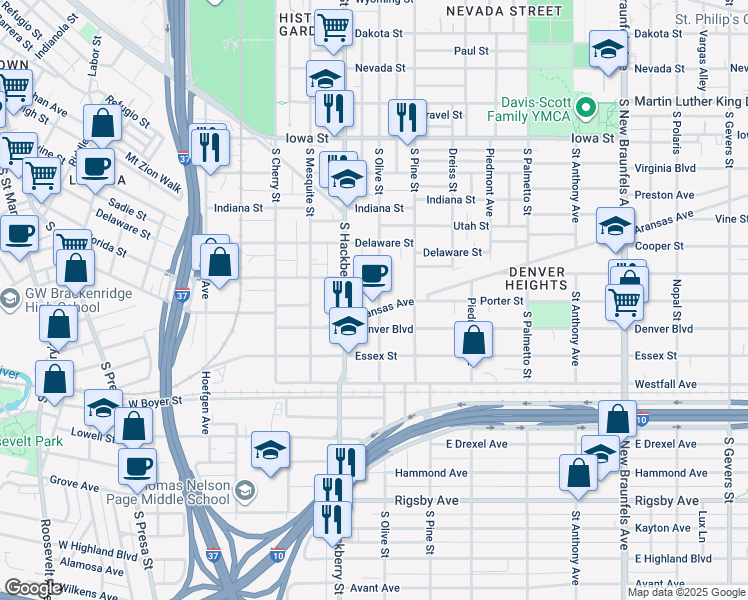 map of restaurants, bars, coffee shops, grocery stores, and more near 1123 South Olive Street in San Antonio