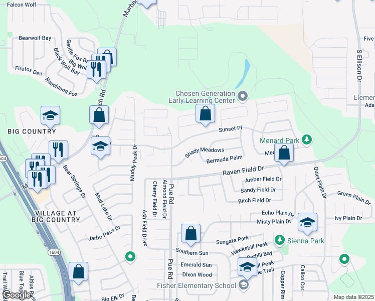 map of restaurants, bars, coffee shops, grocery stores, and more near 10127 Shady Meadows in San Antonio