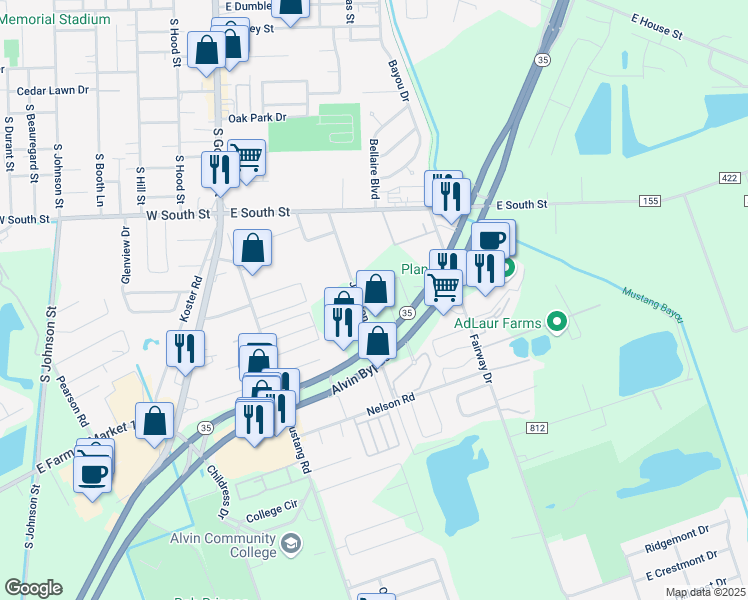 map of restaurants, bars, coffee shops, grocery stores, and more near 2400 Texas 35 Loop in Alvin
