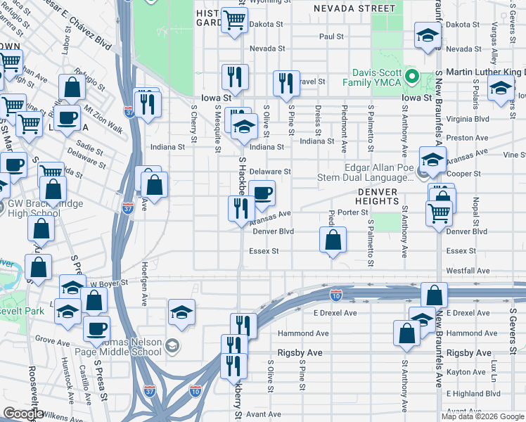 map of restaurants, bars, coffee shops, grocery stores, and more near 1123 South Olive Street in San Antonio
