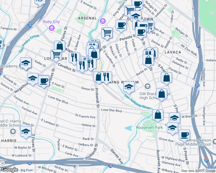 map of restaurants, bars, coffee shops, grocery stores, and more near 423 Blue Star in San Antonio