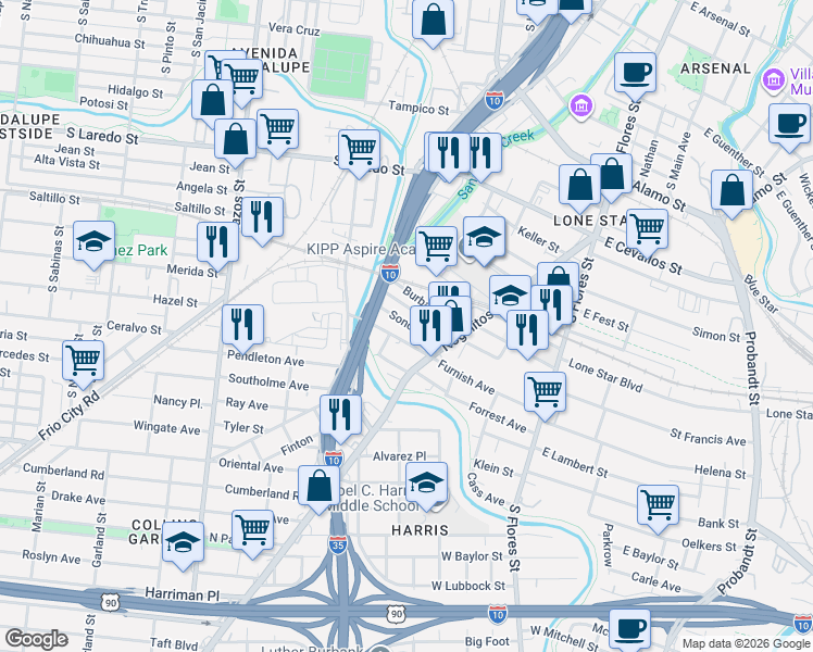 map of restaurants, bars, coffee shops, grocery stores, and more near 443 Furnish Avenue in San Antonio
