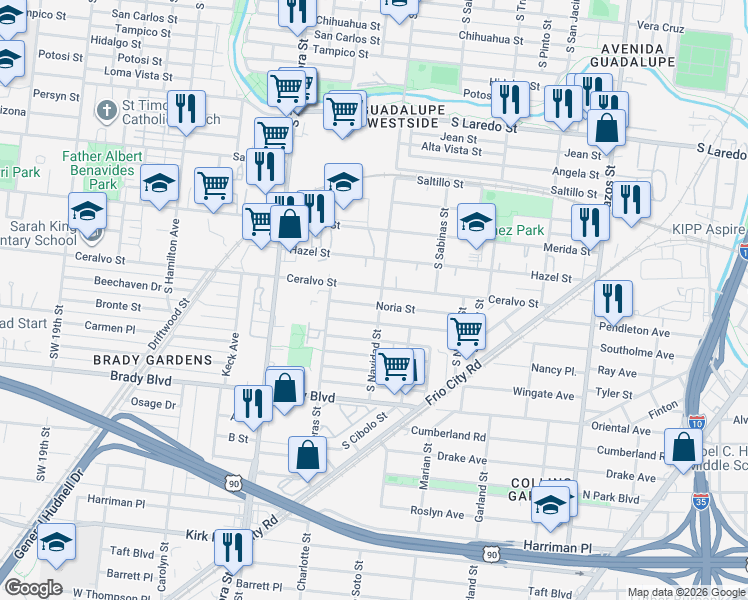 map of restaurants, bars, coffee shops, grocery stores, and more near 323 Noria Street in San Antonio