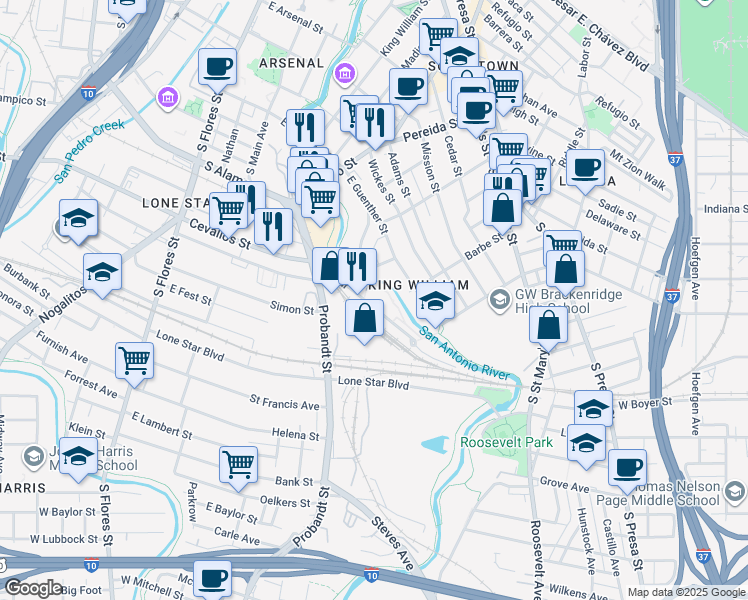 map of restaurants, bars, coffee shops, grocery stores, and more near 423 Blue Star in San Antonio