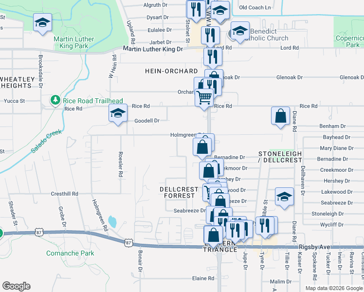 map of restaurants, bars, coffee shops, grocery stores, and more near 726 Holmgreen Road in San Antonio