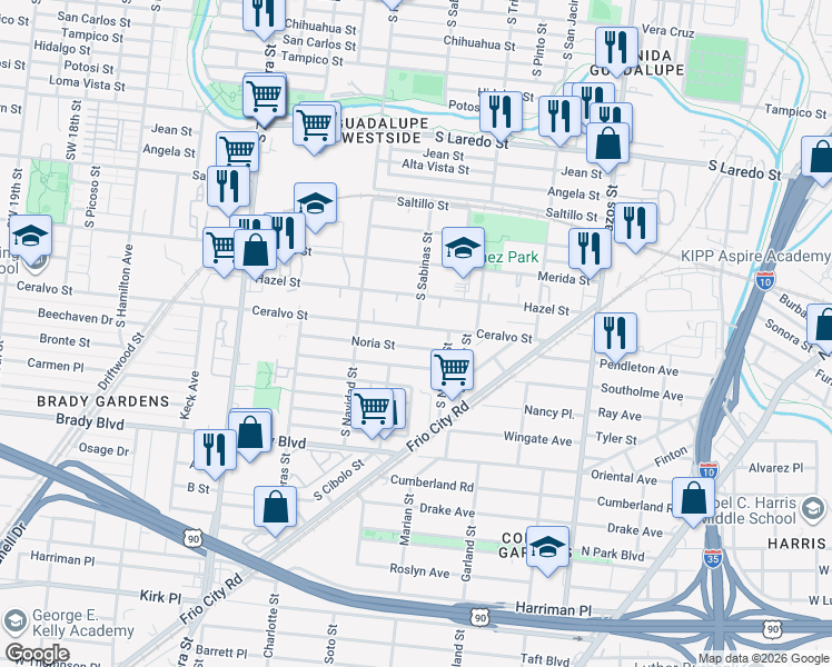 map of restaurants, bars, coffee shops, grocery stores, and more near 402 Ceralvo Street in San Antonio